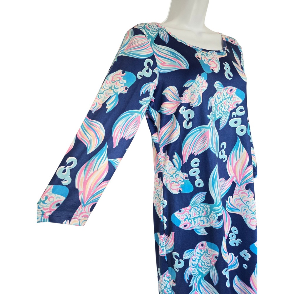 Tango Mango Koi Fish Print Dress S 3/4 Sleeve Stretch Coastal Preppy Dopamine - Picture 4 of 9